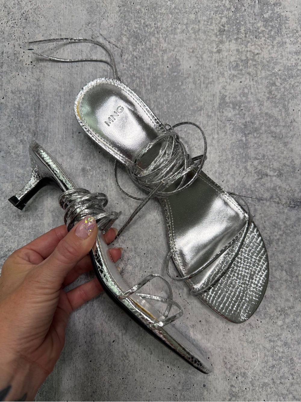MNG Mango Silver Ankle Wrap Kitten Heel Sandal 39